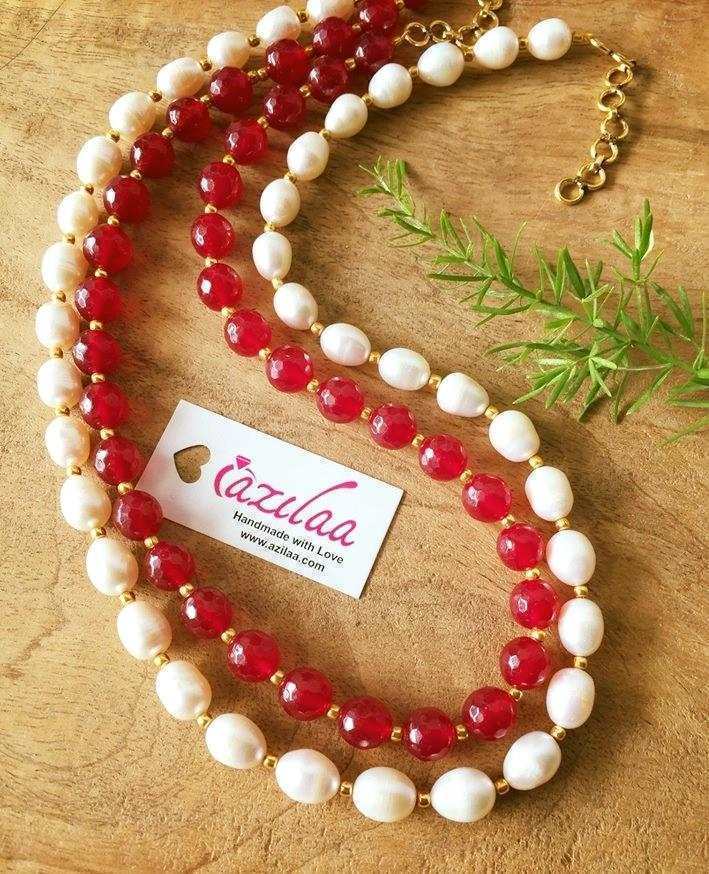 Designer gemstone necklace, Maroon gemstone pearl necklace