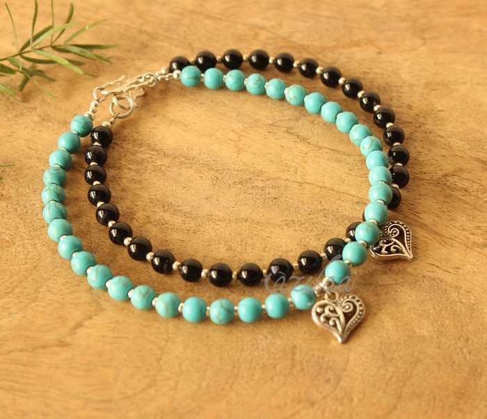 2 blue BLACK beaded Gemstone handmade silver Anklet