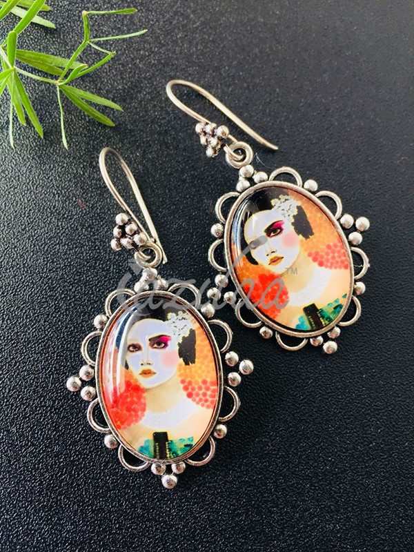 Abstract woman painting contemporary dangler designer earrings