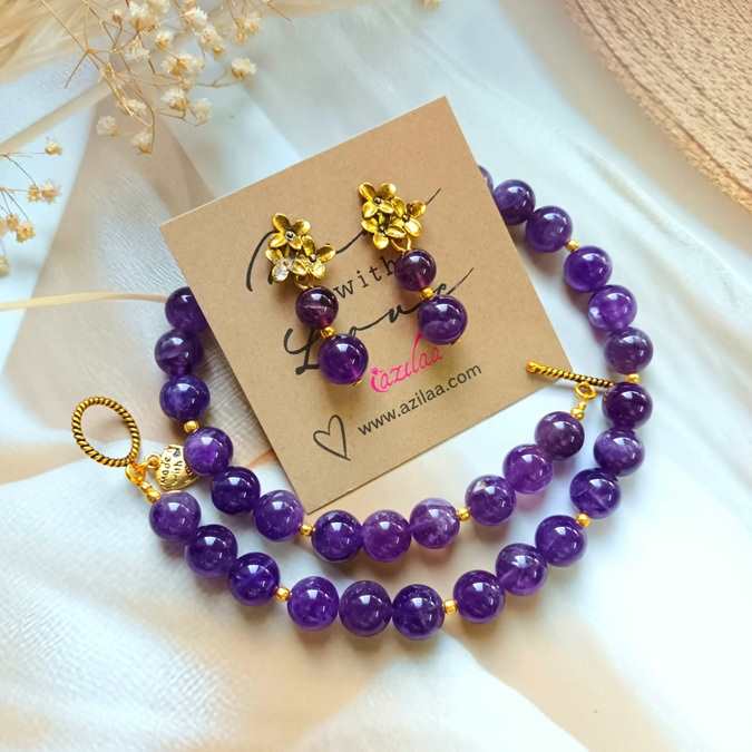 Amethyst gemstone golden beaded necklace set 