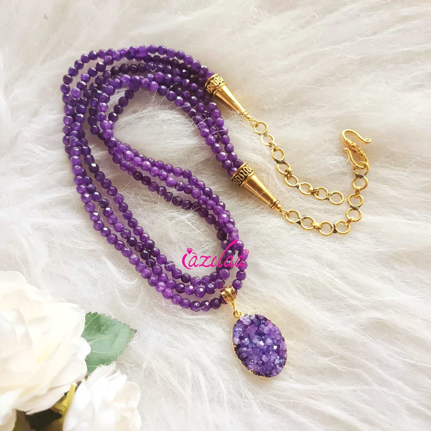 Amethyst purple Druzy gemstone gold plated pendant necklace