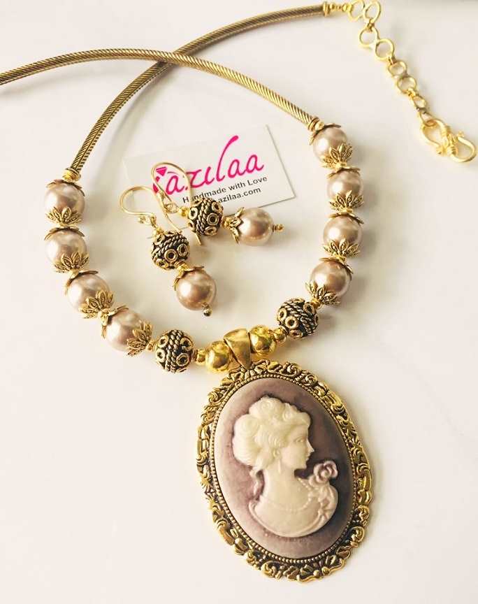 Antique Bronze shell Pearl designer necklace earrings set