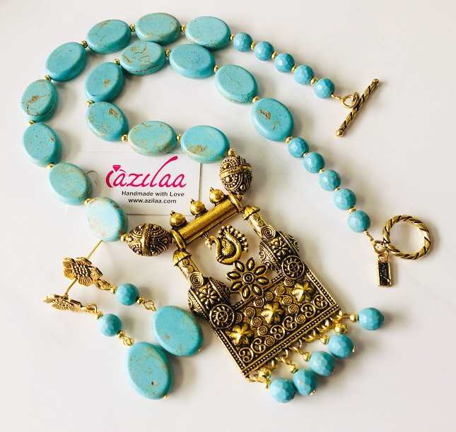Antique gold Turquoise beaded gemstone handmade necklace set