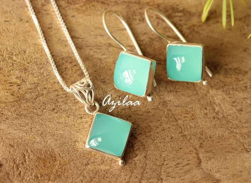 Aqua chachedony artisan sterling silver gemstone handmade set