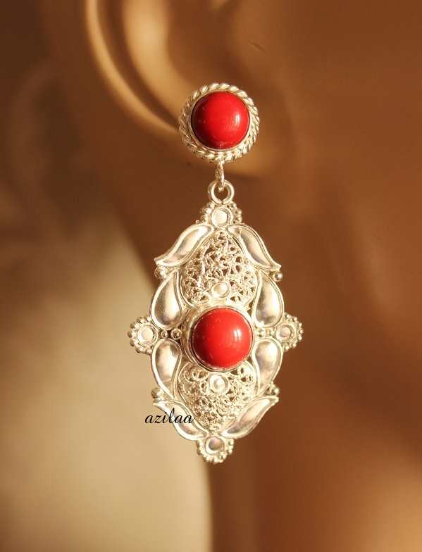 Artisan Red coral gemstone silver handmade earrings