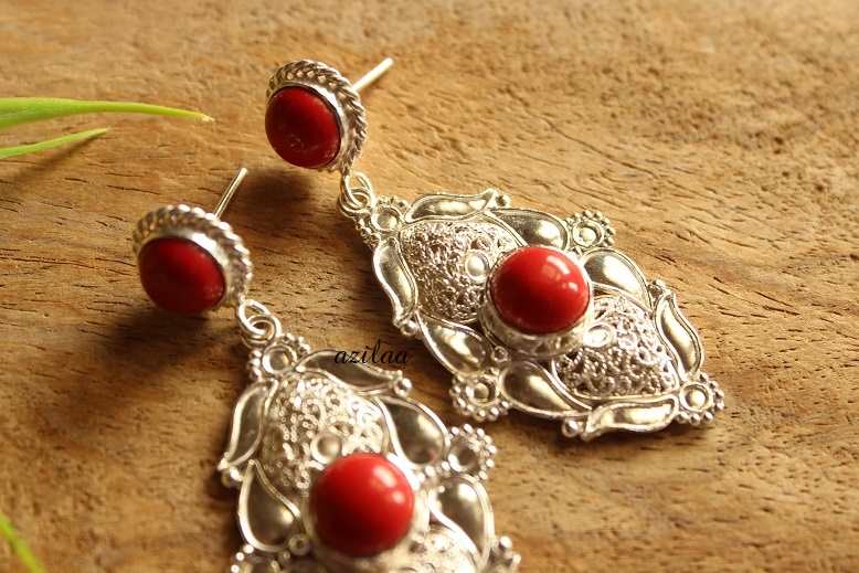 Artisan Red coral gemstone silver handmade earrings