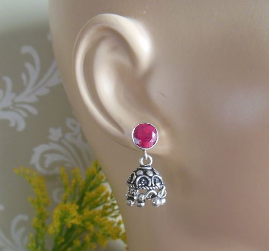 Artisan Ruby Gemstone post ethnic sterling silver earrings