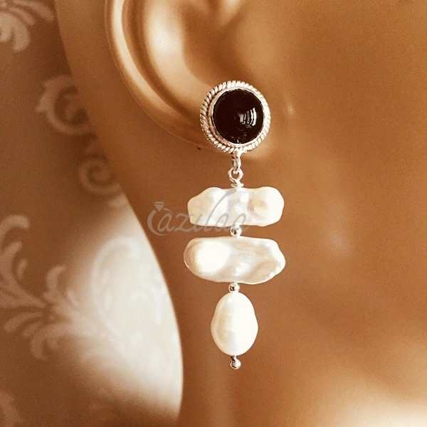 Black Onyx pearl gemstone sterling silver handmade earrings