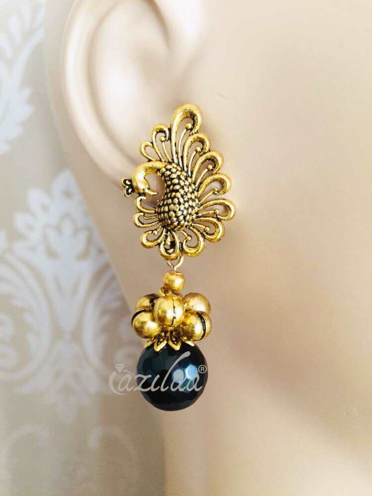 Black gemstone peacock antique gold tone necklace earrings set