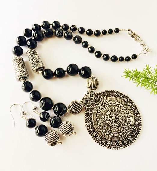 Black onyx tribal gemstone beaded handmade necklace set