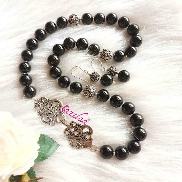  Black onyx gemstone necklace earrings set