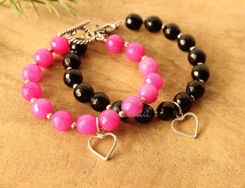 Black pink Gemstone beaded handmade heart charm couple bracelet
