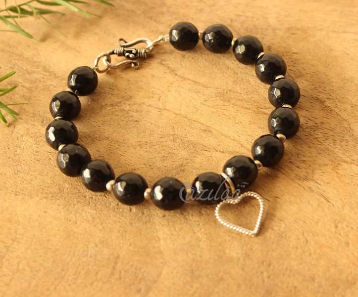 Black pink Gemstone beaded handmade heart charm couple bracelet