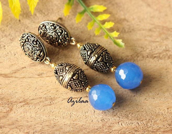 Blue Antique Gold tone handmade earrings