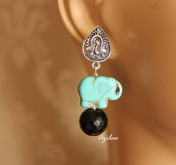 Blue Ethnic Elephant silver tone gemstone earrings