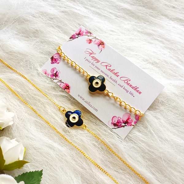 Blue Evil eye charms chain bracelet Rakhi necklace set