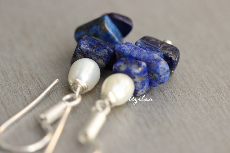 Blue Lapis lazuli earrings - Lapis pearl silver earrings