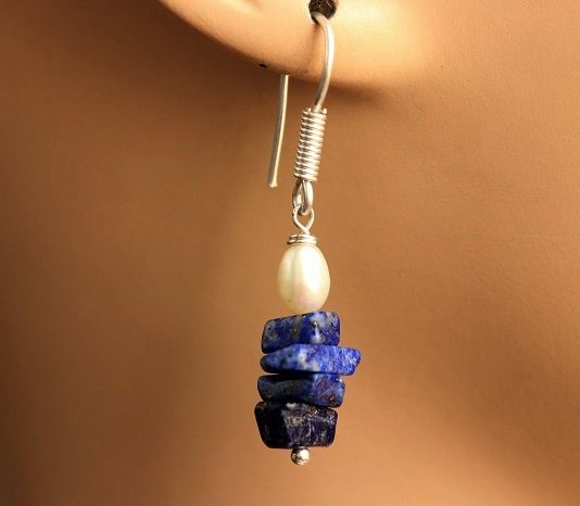 Blue Lapis lazuli earrings - Lapis pearl silver earrings
