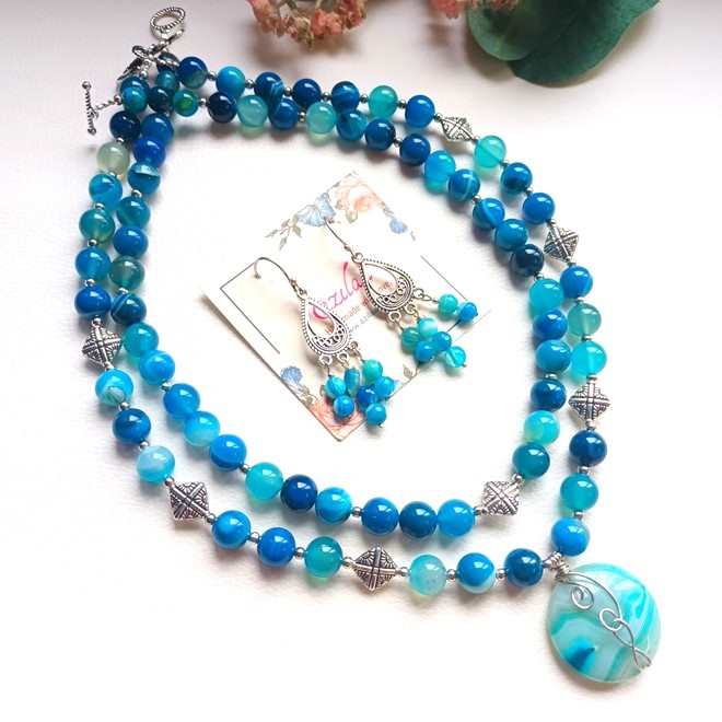 Blue agate ooak Statement designer gemstone necklace set