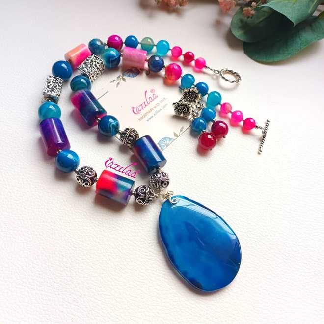 Blue and pink ooak Statement designer gemstone necklace set