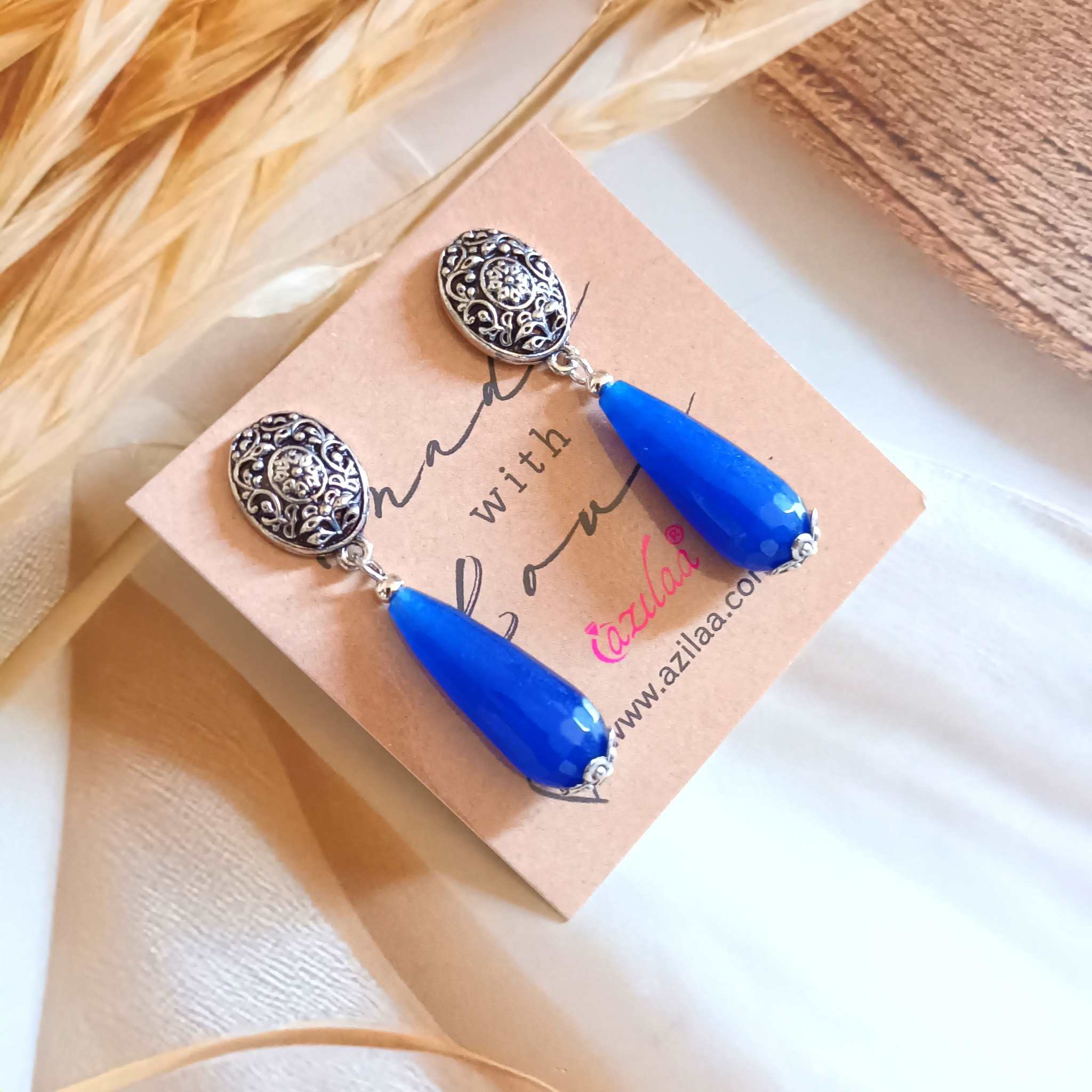 Blue drop Spring post Dangler Earrings