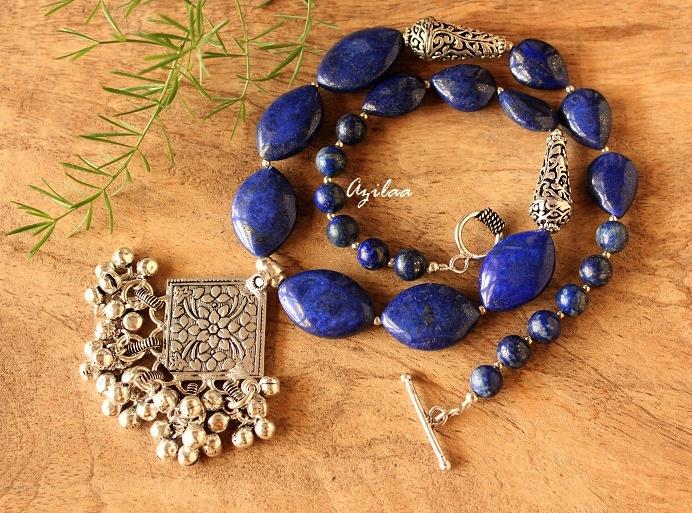 Blue lapis gemstone handmade silver necklace earring