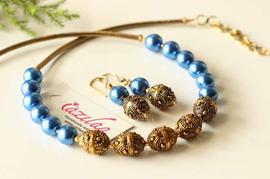 Blue pearl antique gold tone necklace earrings set