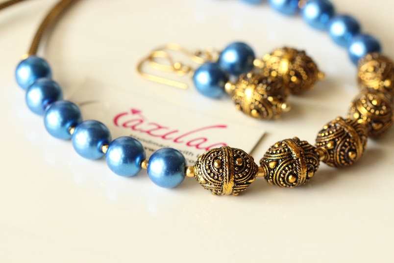 Blue pearl antique gold tone necklace earrings set