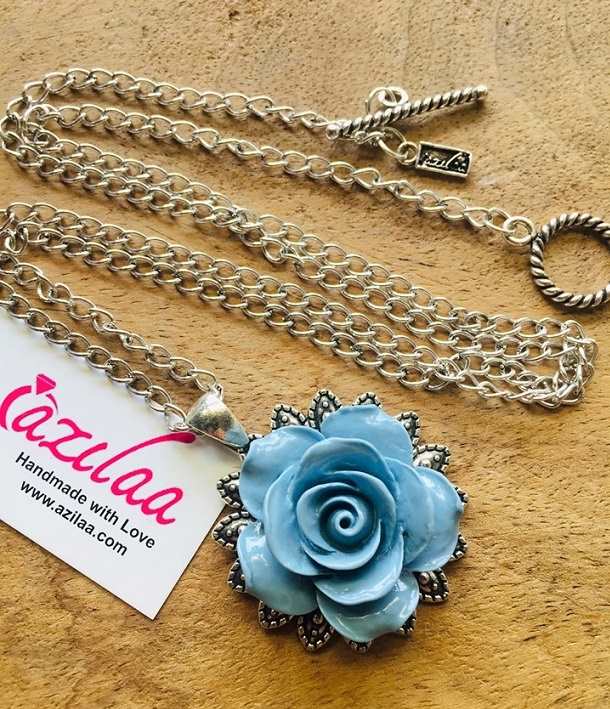 Blue rose designer handmade pendant chain necklace 