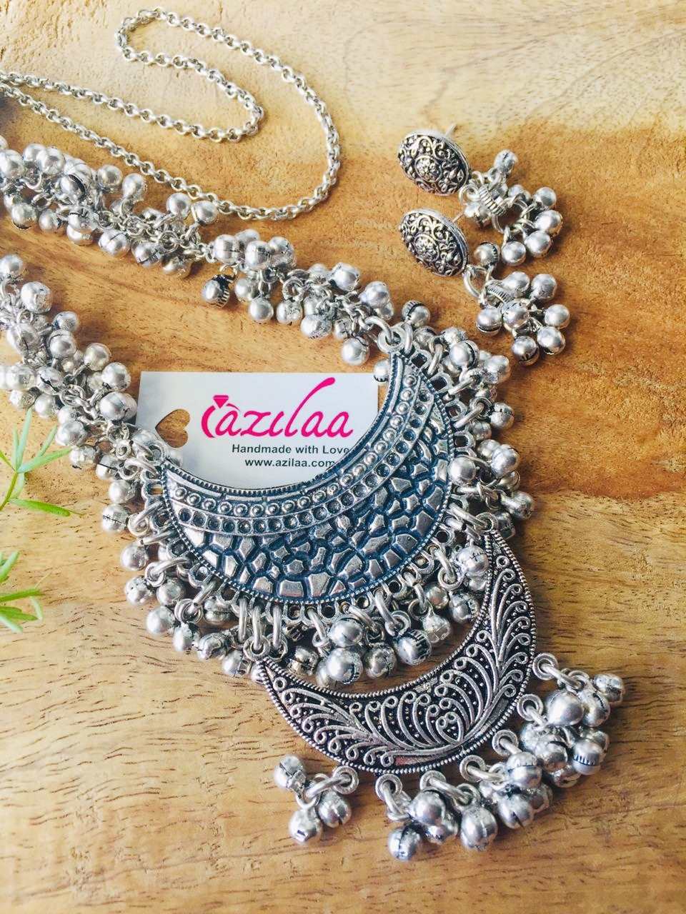 Boho Antique style moon tribal pendant chain necklace set