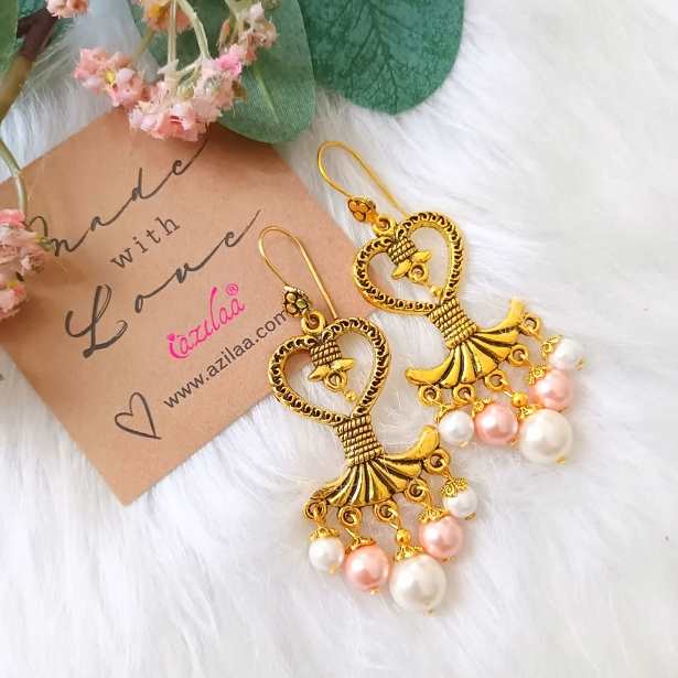 Bridal pearl dangler golden chandelier earrings