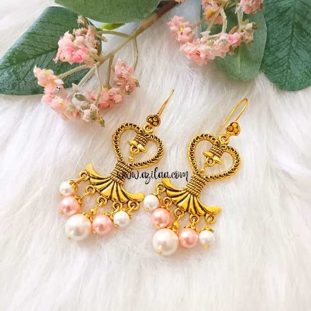 Bridal pearl dangler golden chandelier earrings