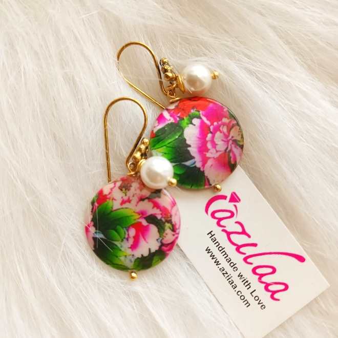 Bright pink painted mother of pearl disk earrings