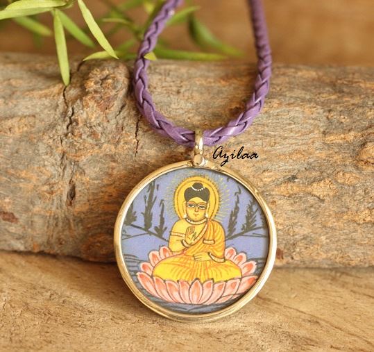 Buddha Hand painted handmade Pendant Cord necklace 