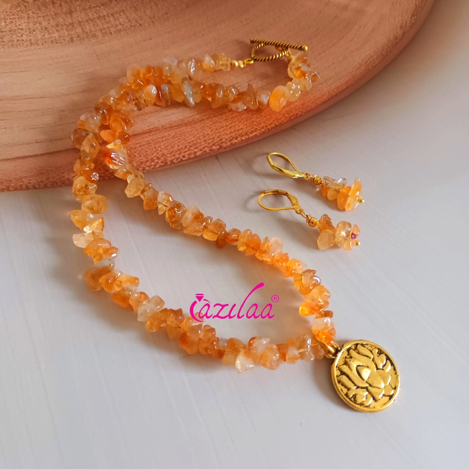 Dainty Citrine Crystal Designer gemstone lotus necklace set