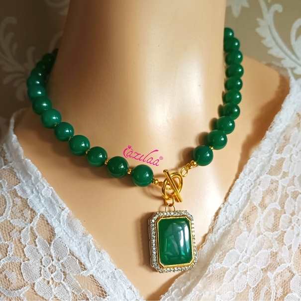  Classic Green onyx gemstone necklace earrings set