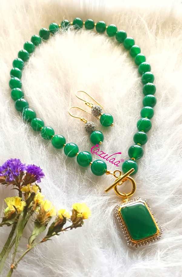  Classic Green onyx gemstone necklace earrings set