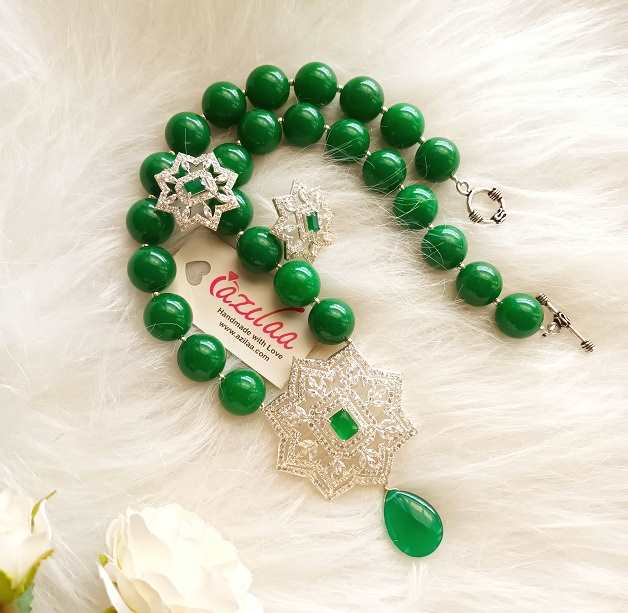 Classic flower crystal CZ Green gemstone necklace earrings