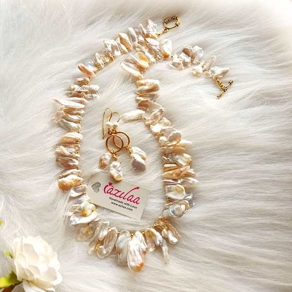 Contemporary Designer Biwa pearl necklace earrings set