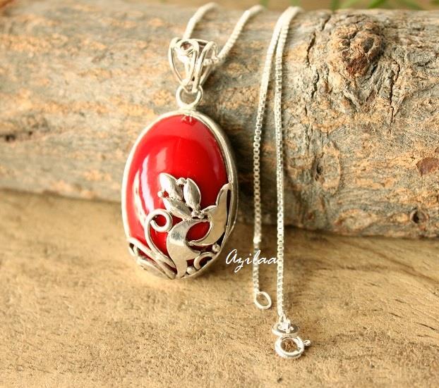 Coral Red gemstone sterling silver Pendant Chain