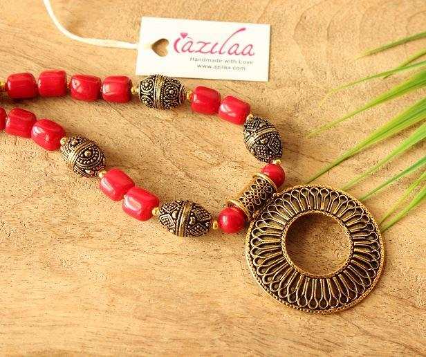 Custom Donut pendant RED coral designer handmade necklace set