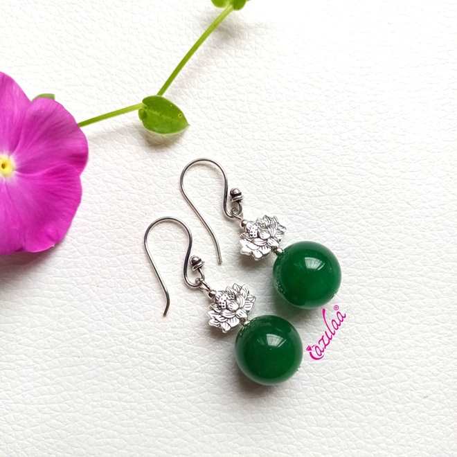 Dainty Green gemstone beaded antique silver tone earrings