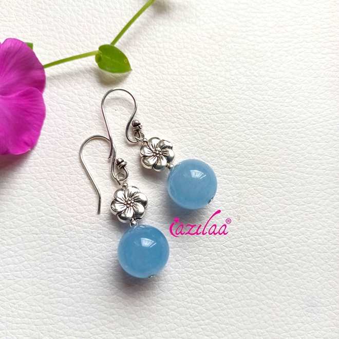 Dainty blue  gemstone beaded antique silver tone earrings