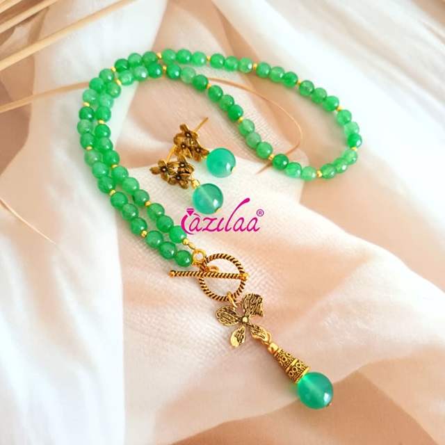 Dainty green beaded charm necklace earrings set