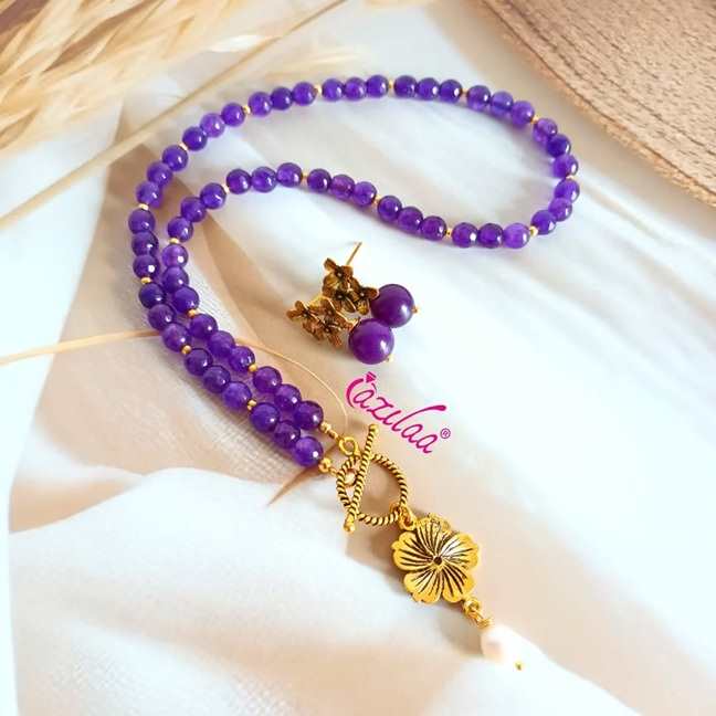 Dainty purple  beaded charm necklace earrings set