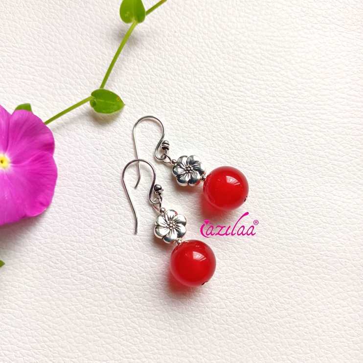 Dainty red gemstone beaded antique silver tone earrings