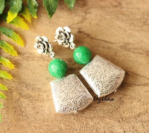 Flower post Designer silver Green gemstone earrings