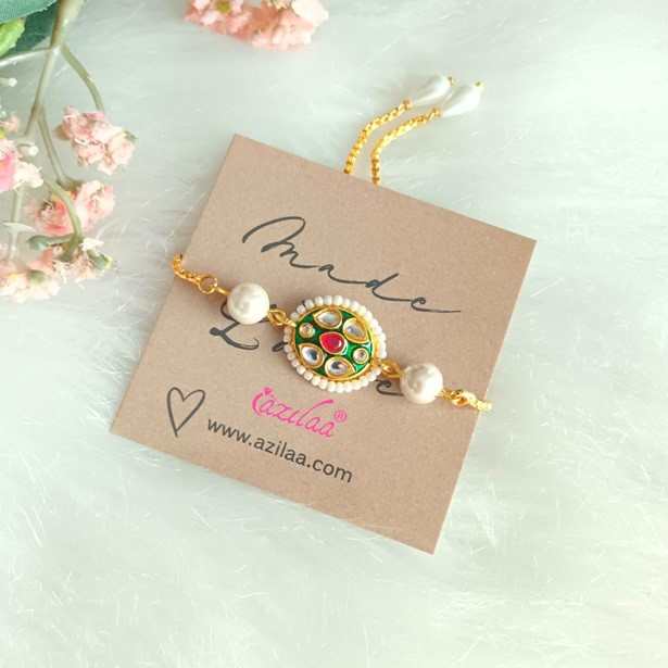 Designer green enamel chain beaded pearl bracelet