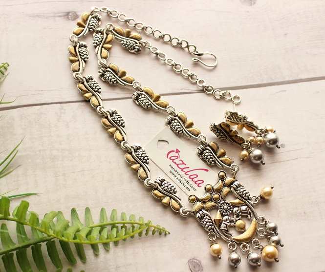 Dual tone parrot silver gold tone pearl necklace earrings set