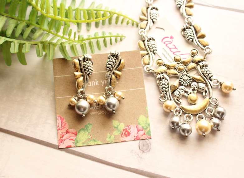 Dual tone parrot silver gold tone pearl necklace earrings set